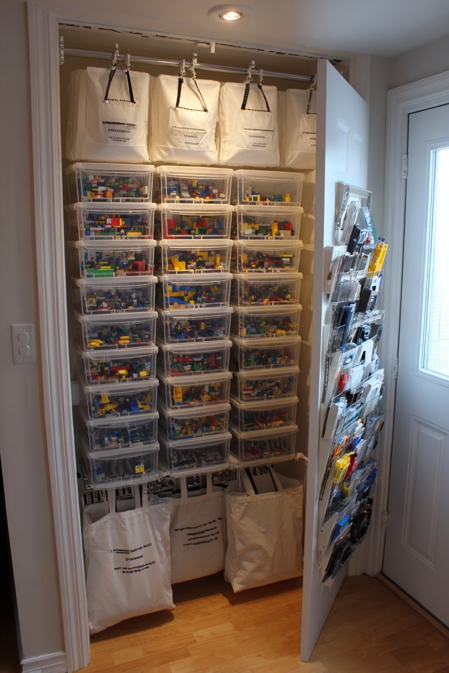 Hanging closet shelf organizers with clear vinyl windows for sorted Lego and a door shoe organizer for minifigures