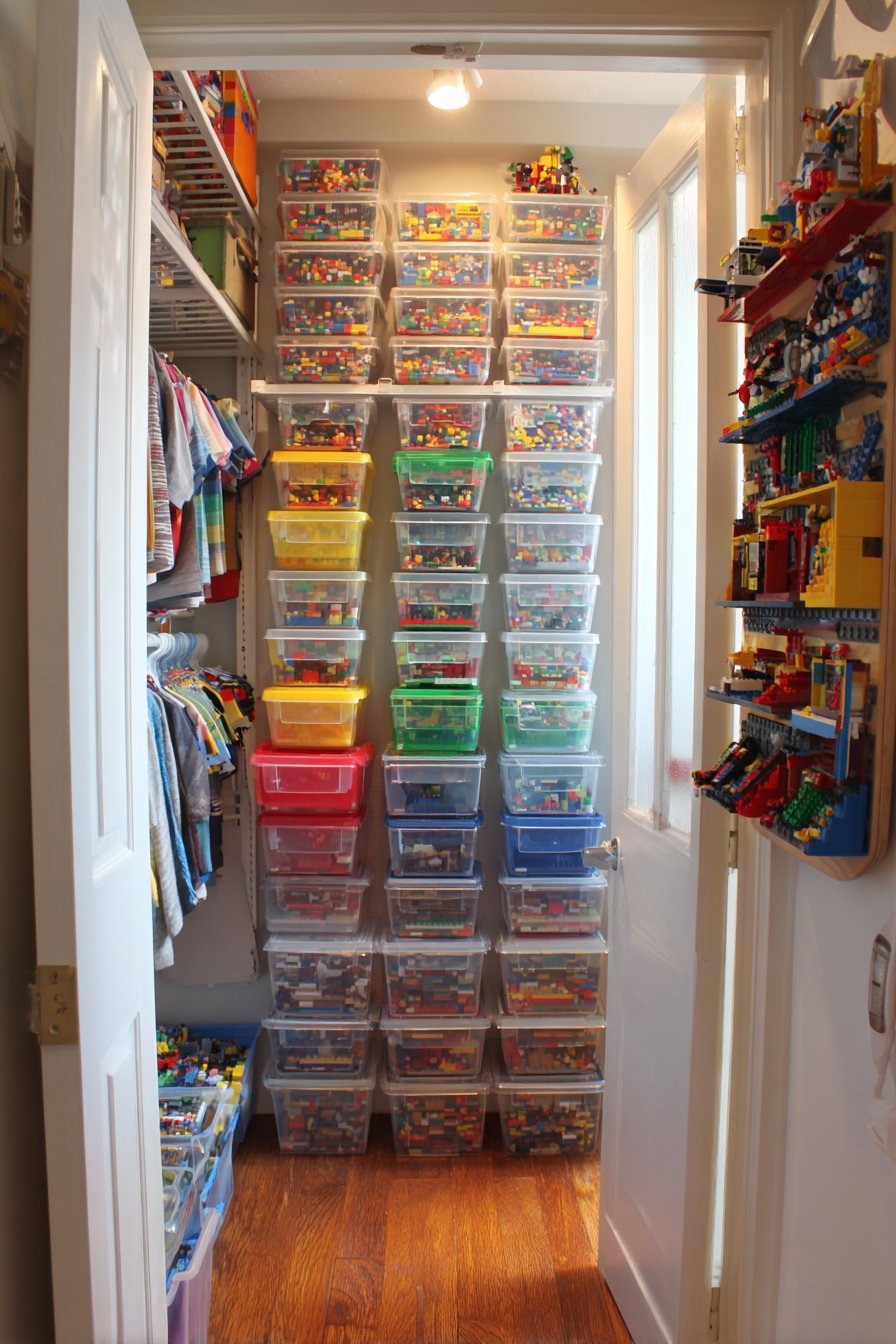 Hanging closet shelf organizers with clear vinyl windows for sorted Lego and a door shoe organizer for minifigures
