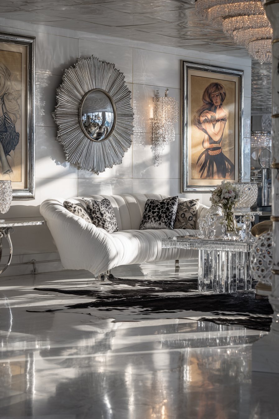 Hollywood Regency living room with silver gilt mirror, crystal sconces and tufted white velvet sofa
