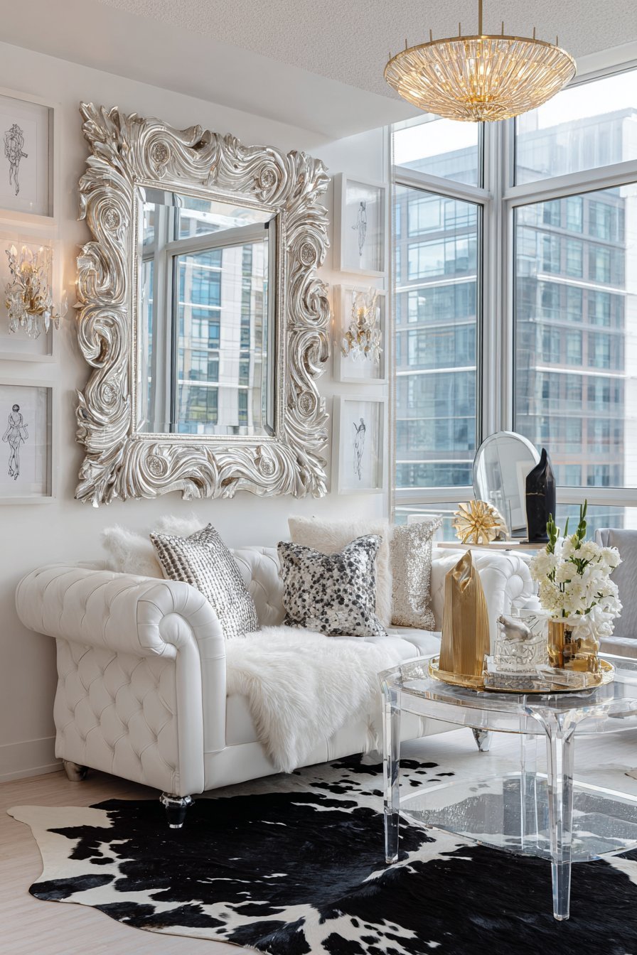Hollywood Regency living room with silver gilt mirror, crystal sconces and tufted white velvet sofa