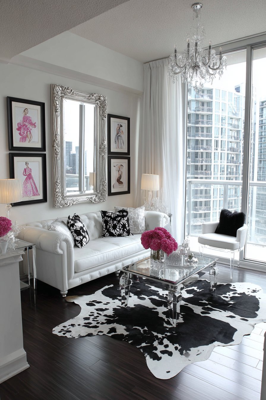 Hollywood Regency living room with silver gilt mirror, crystal sconces and tufted white velvet sofa