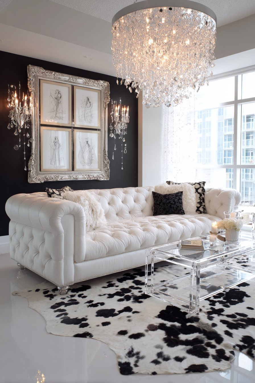 Hollywood Regency living room with silver gilt mirror, crystal sconces and tufted white velvet sofa