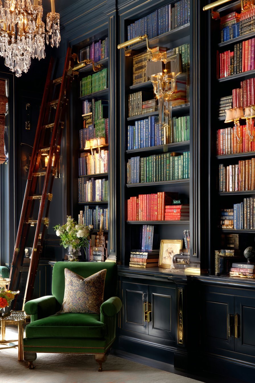 Navy floor-to-ceiling bookcase wall with rolling library ladder, brass bookends and emerald velvet chair