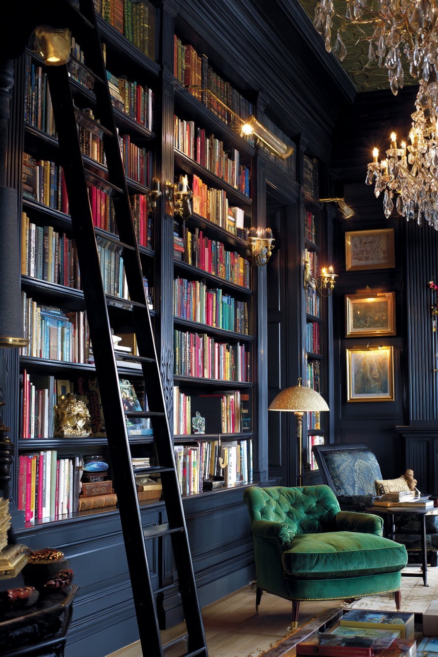 Navy floor-to-ceiling bookcase wall with rolling library ladder, brass bookends and emerald velvet chair