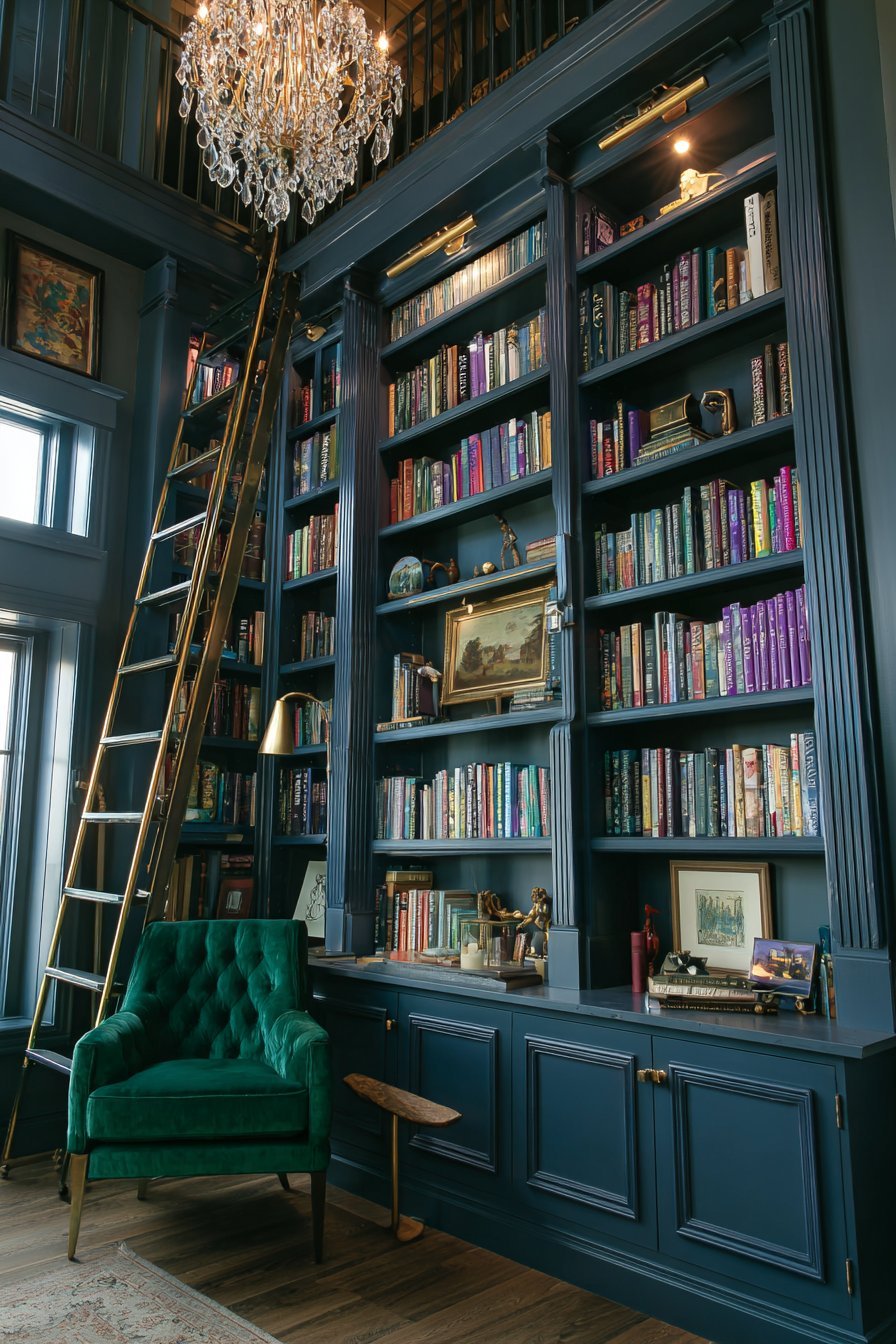 Navy floor-to-ceiling bookcase wall with rolling library ladder, brass bookends and emerald velvet chair