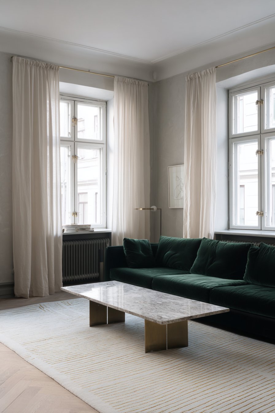 Forest green velvet sofa with marble-top brass coffee table, white linen curtains and cream wool rug