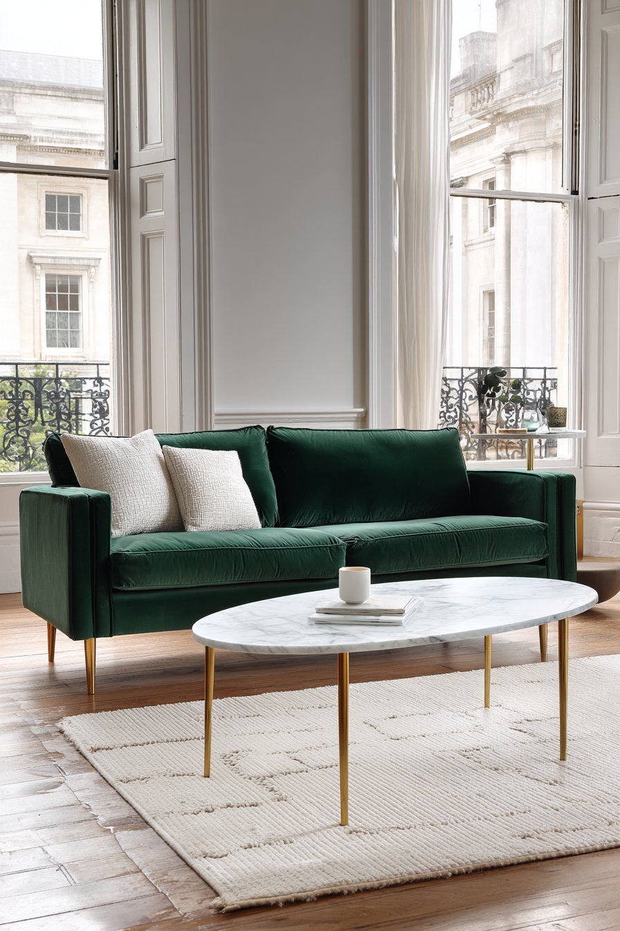 Forest green velvet sofa with marble-top brass coffee table, white linen curtains and cream wool rug