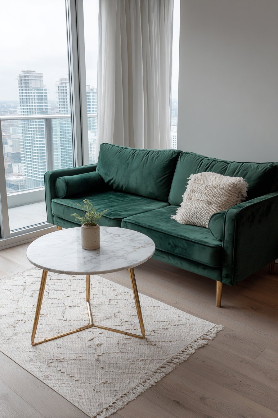 Forest green velvet sofa with marble-top brass coffee table, white linen curtains and cream wool rug