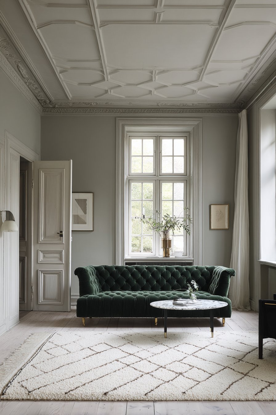 Forest green velvet sofa with marble-top brass coffee table, white linen curtains and cream wool rug