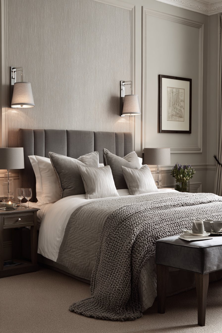 Monochromatic grey small bedroom with velvet bed, charcoal bench and fabric pendant lights