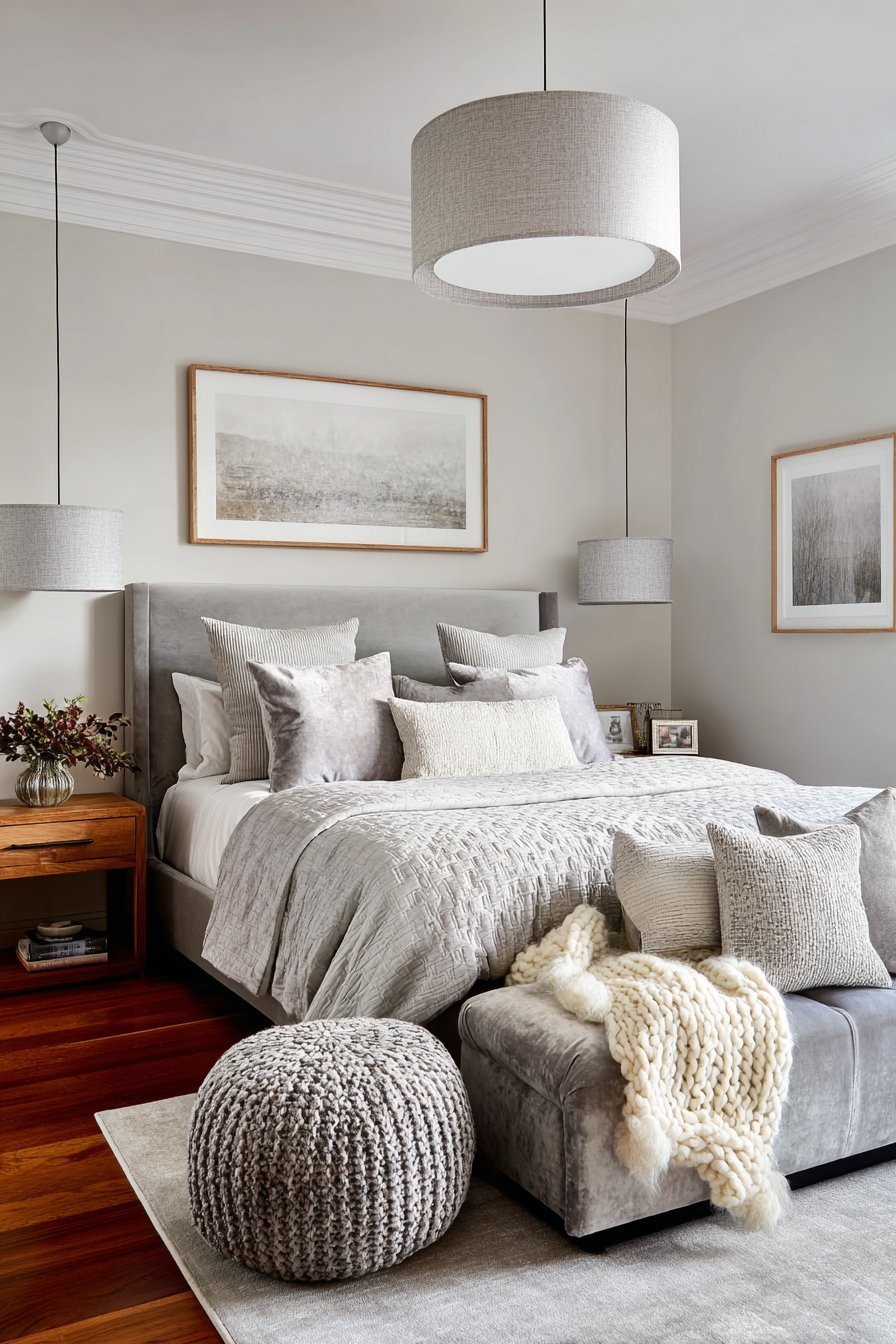 Monochromatic grey small bedroom with velvet bed, charcoal bench and fabric pendant lights