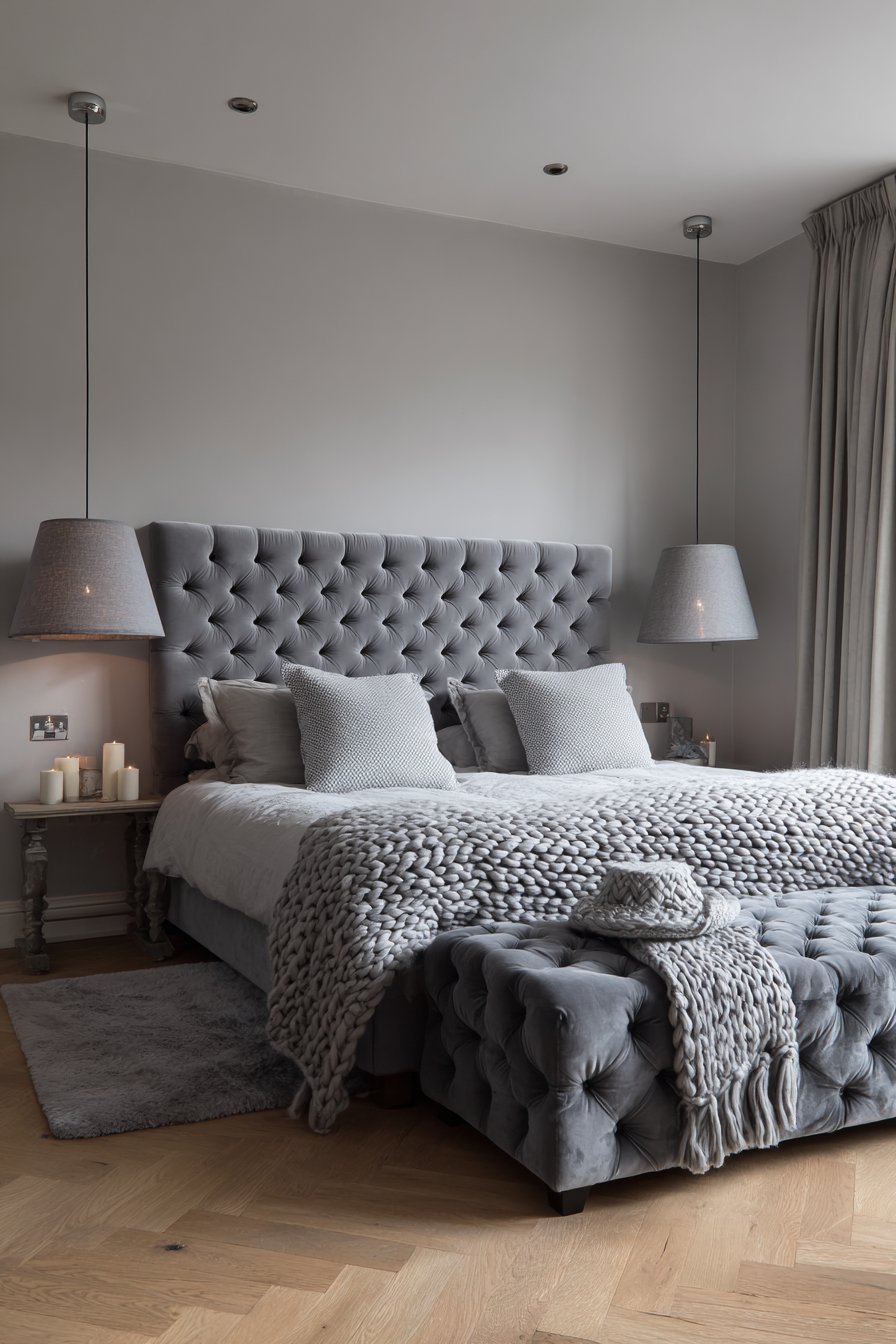 Monochromatic grey small bedroom with velvet bed, charcoal bench and fabric pendant lights