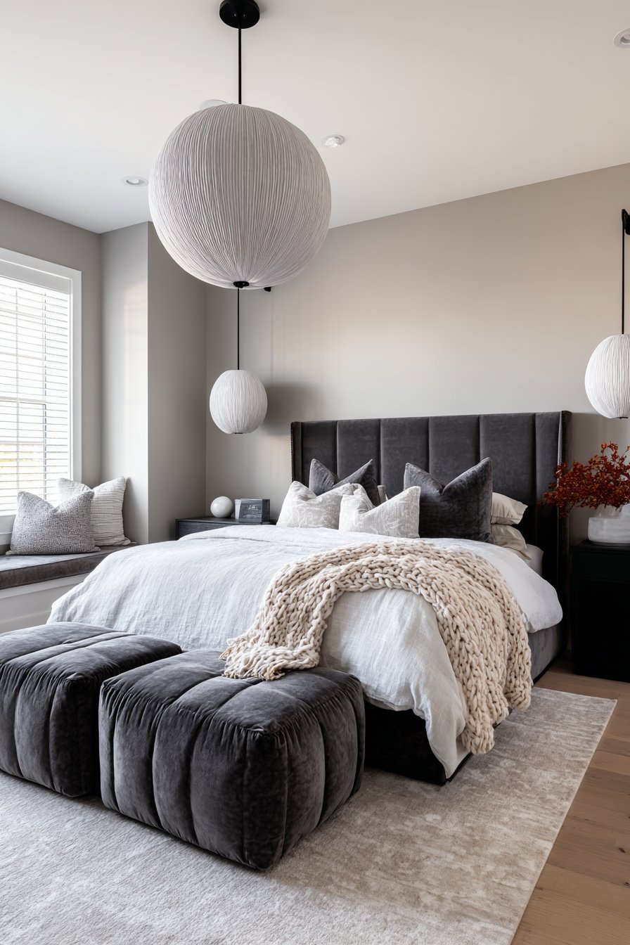 Monochromatic grey small bedroom with velvet bed, charcoal bench and fabric pendant lights