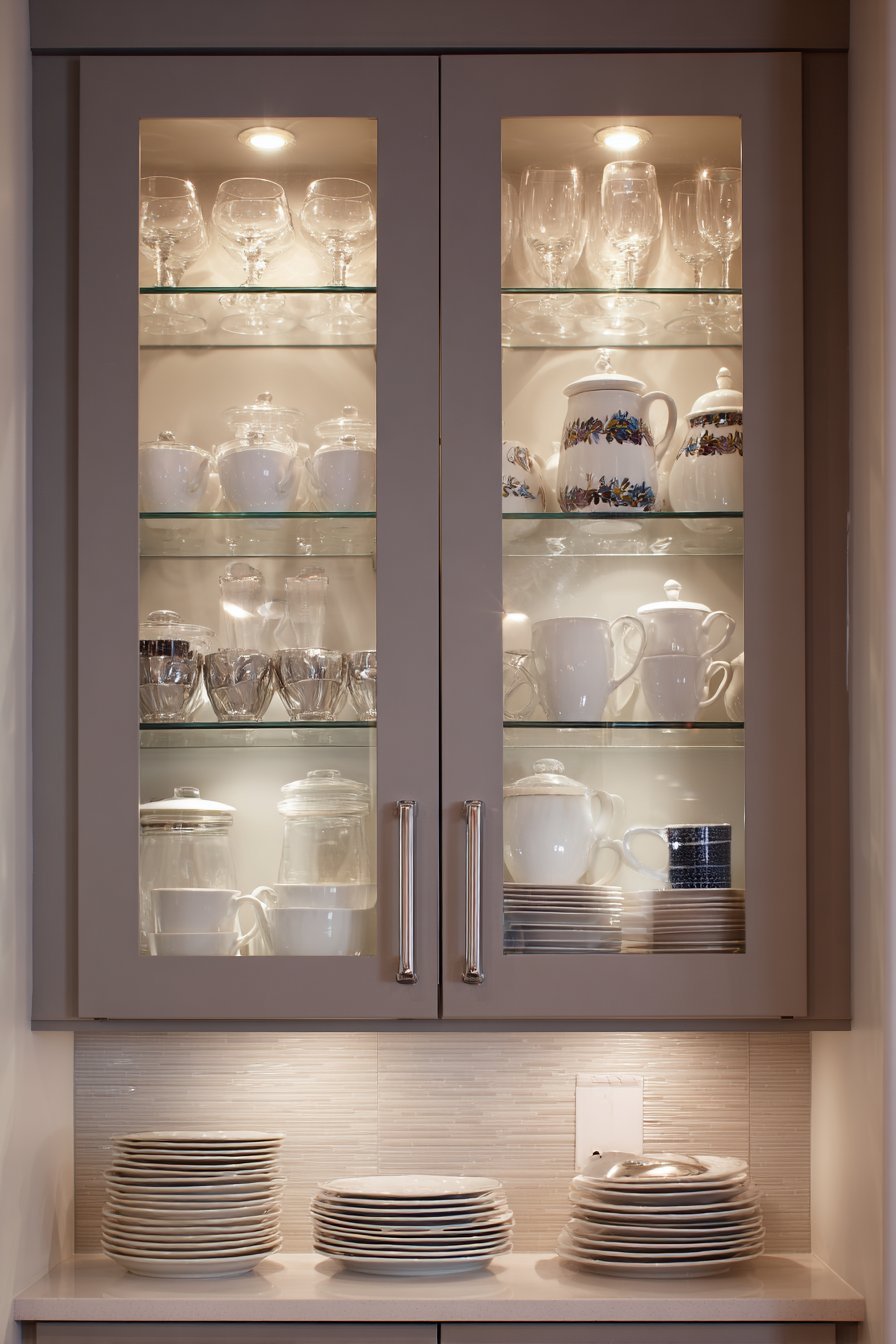 Glass-front upper cabinets with interior lighting above medium grey shaker lowers and white quartz