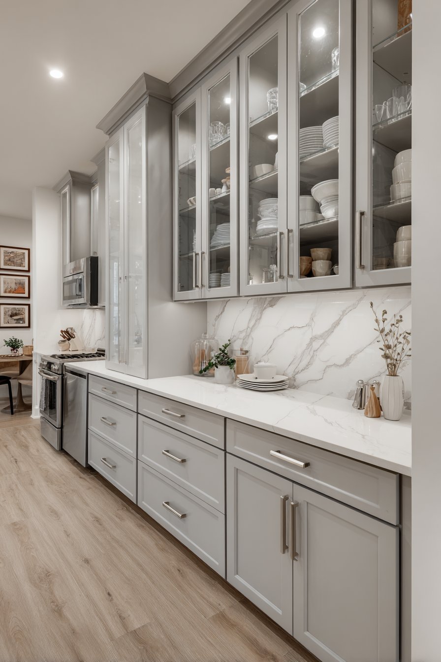 Glass-front upper cabinets with interior lighting above medium grey shaker lowers and white quartz