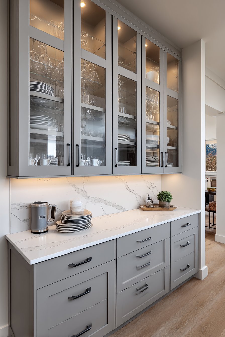 Glass-front upper cabinets with interior lighting above medium grey shaker lowers and white quartz
