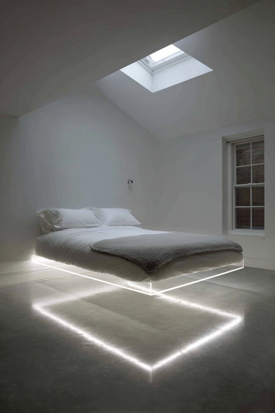 Floating white bed with LED glow beneath on polished concrete under a small skylight
