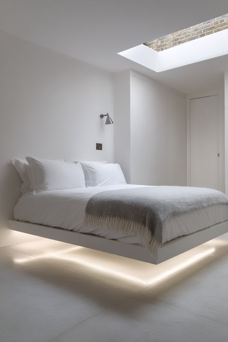 Floating white bed with LED glow beneath on polished concrete under a small skylight