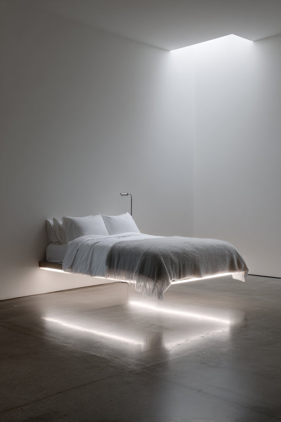 Floating white bed with LED glow beneath on polished concrete under a small skylight
