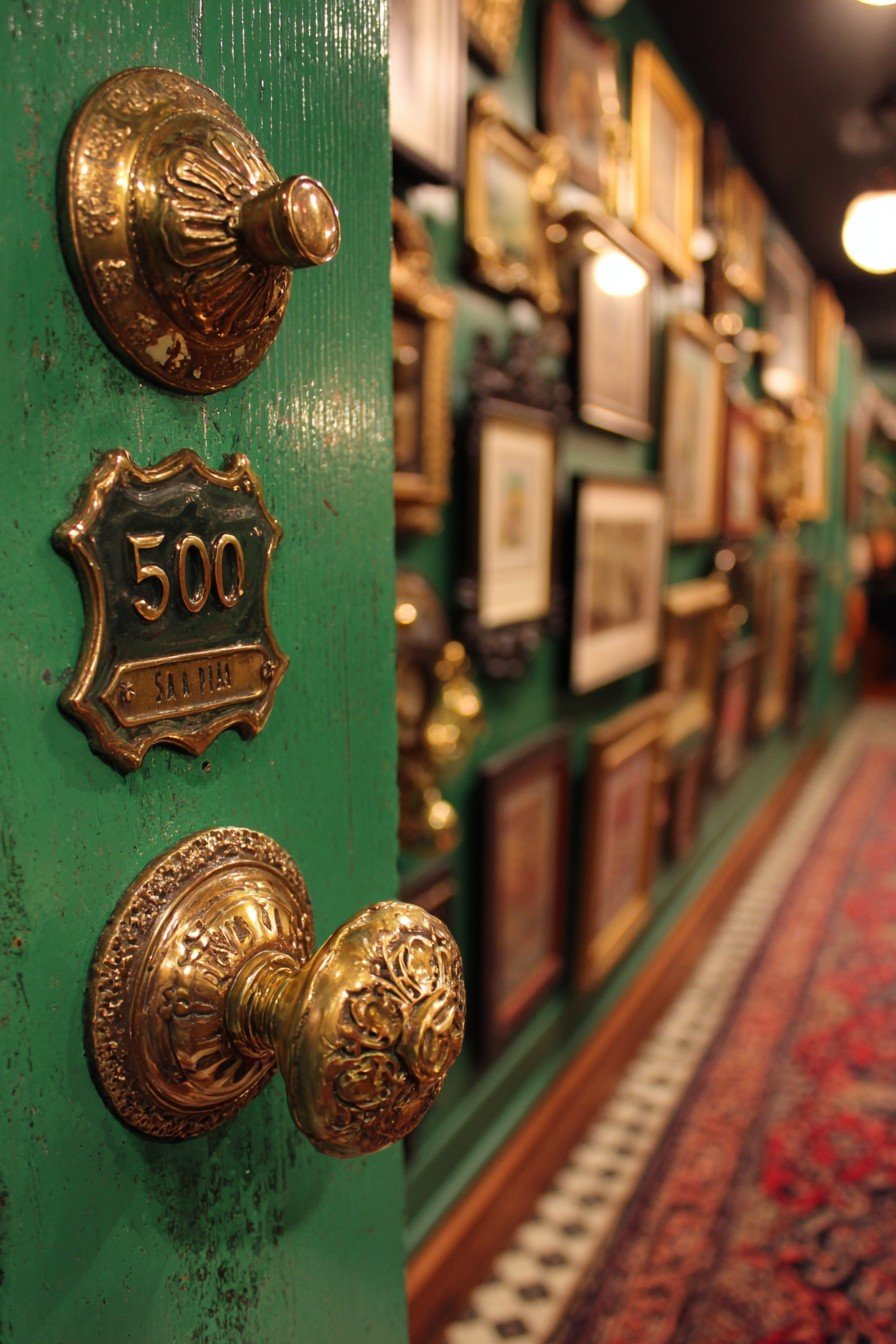 Emerald green lacquer bedroom door with brass knockers, hotel number plate and glass knob beside a gallery wall