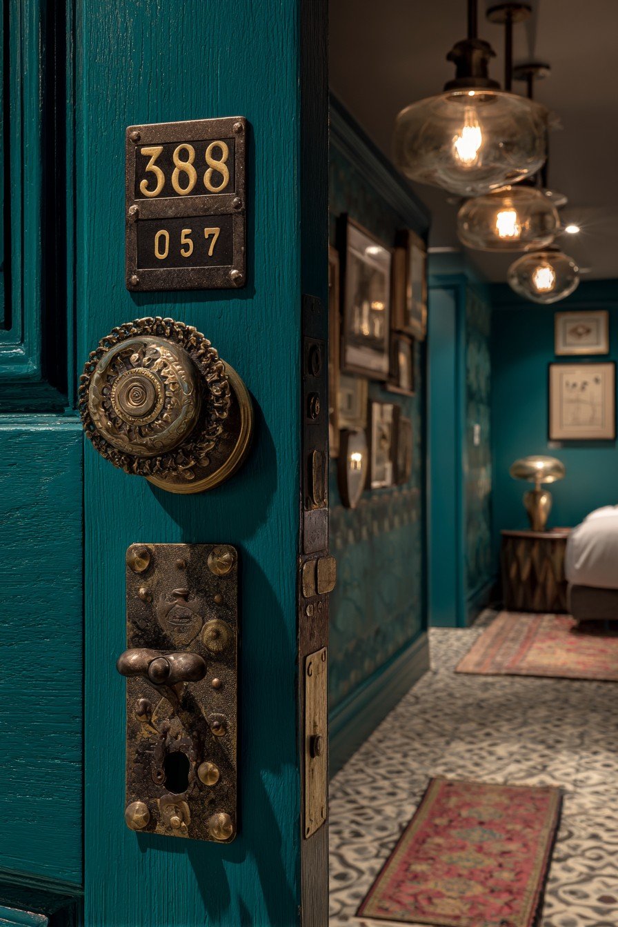 Emerald green lacquer bedroom door with brass knockers, hotel number plate and glass knob beside a gallery wall