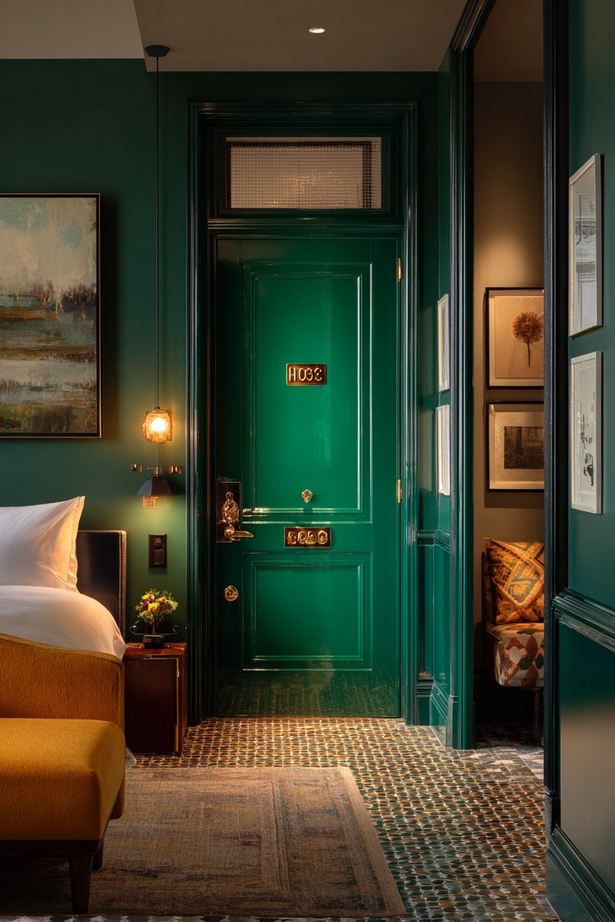 Emerald green lacquer bedroom door with brass knockers, hotel number plate and glass knob beside a gallery wall