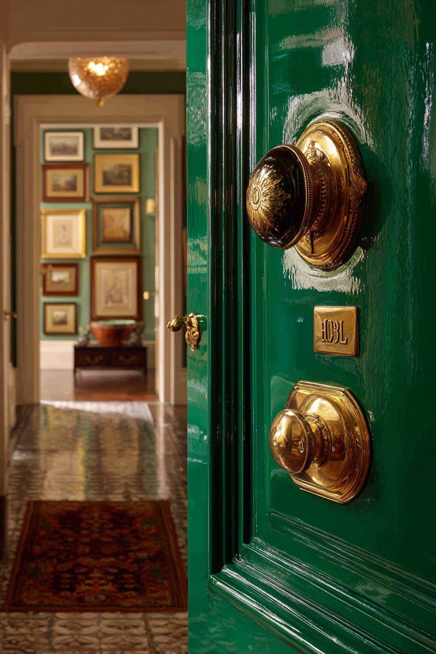 Emerald green lacquer bedroom door with brass knockers, hotel number plate and glass knob beside a gallery wall
