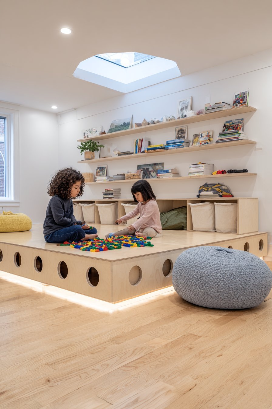Low natural maple platform with flush buckets, baseplate sections, LED glow and floor pillows in a playroom