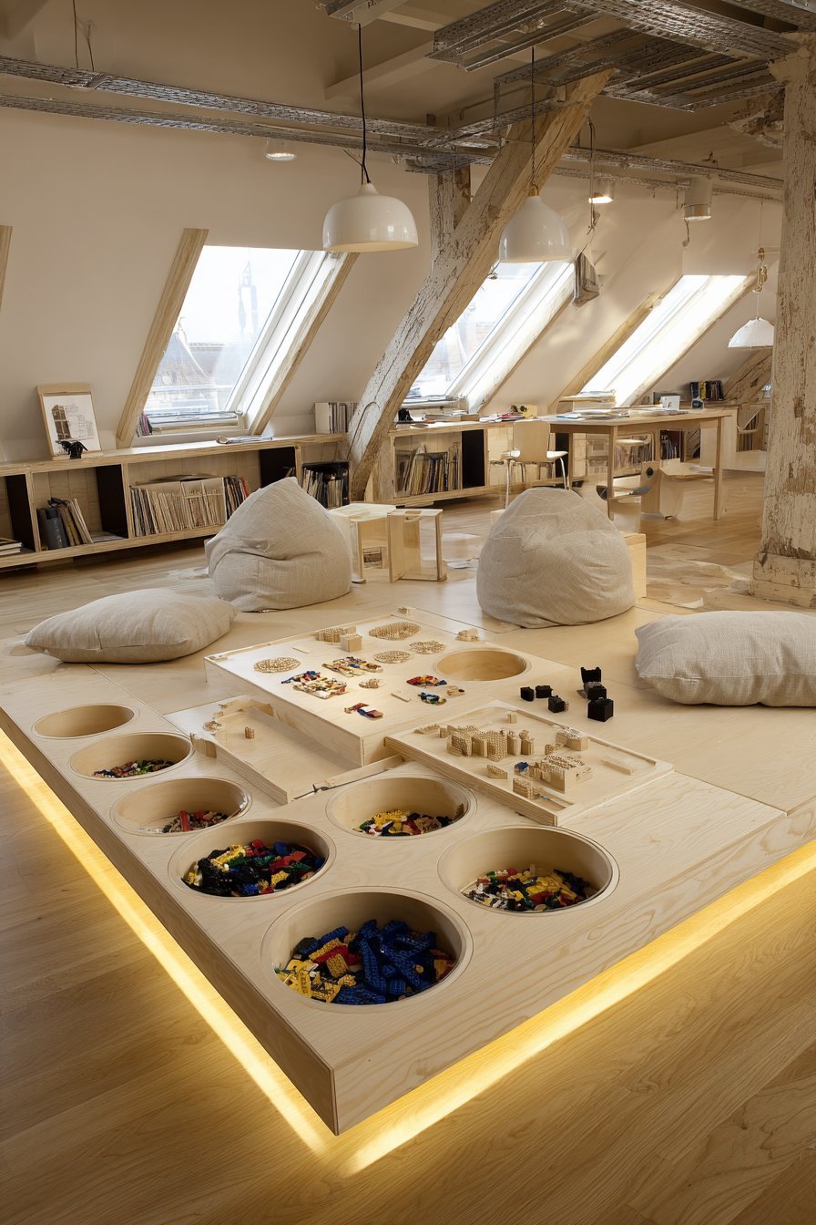Low natural maple platform with flush buckets, baseplate sections, LED glow and floor pillows in a playroom