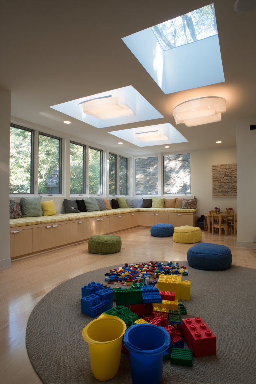 Low natural maple platform with flush buckets, baseplate sections, LED glow and floor pillows in a playroom