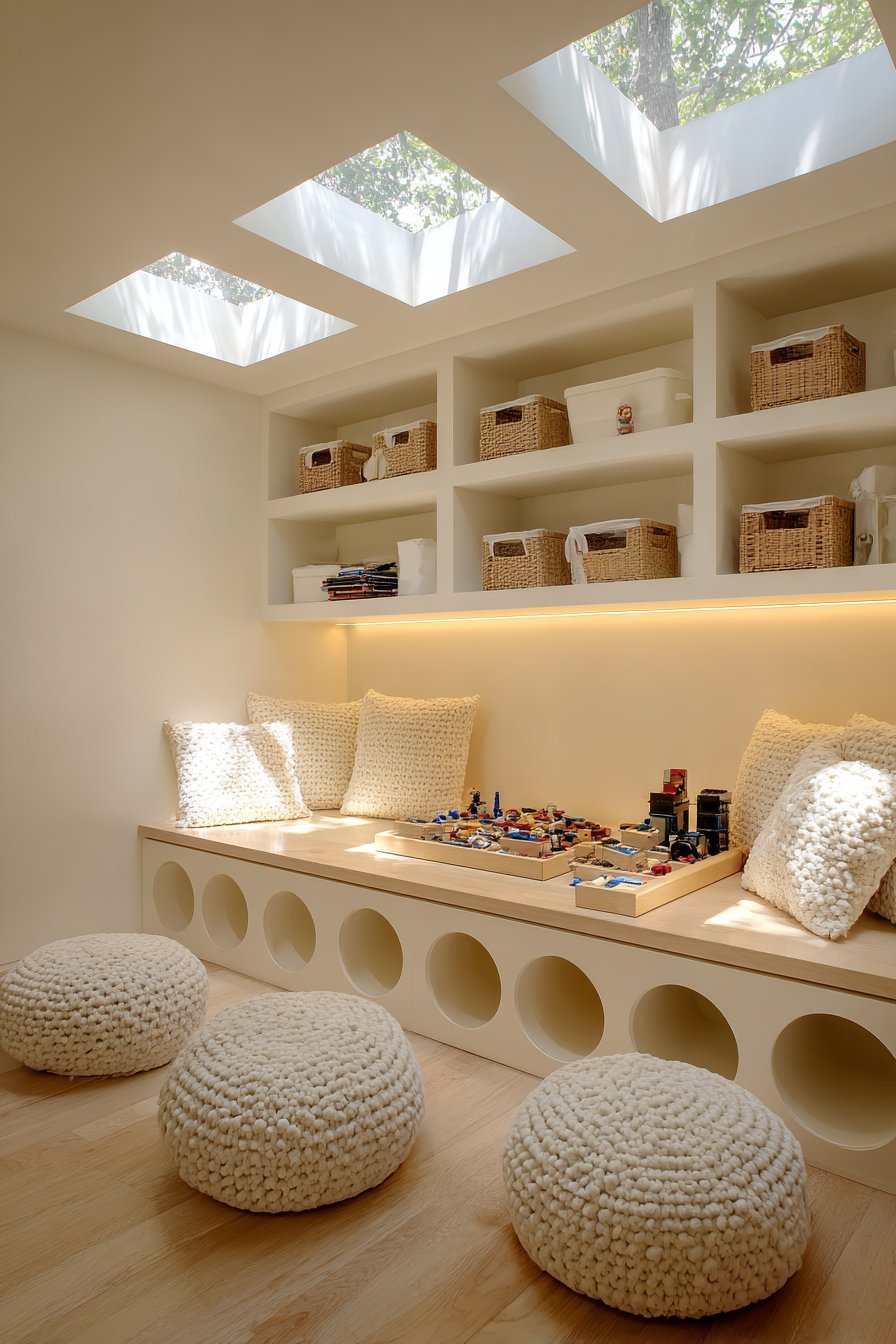 Low natural maple platform with flush buckets, baseplate sections, LED glow and floor pillows in a playroom