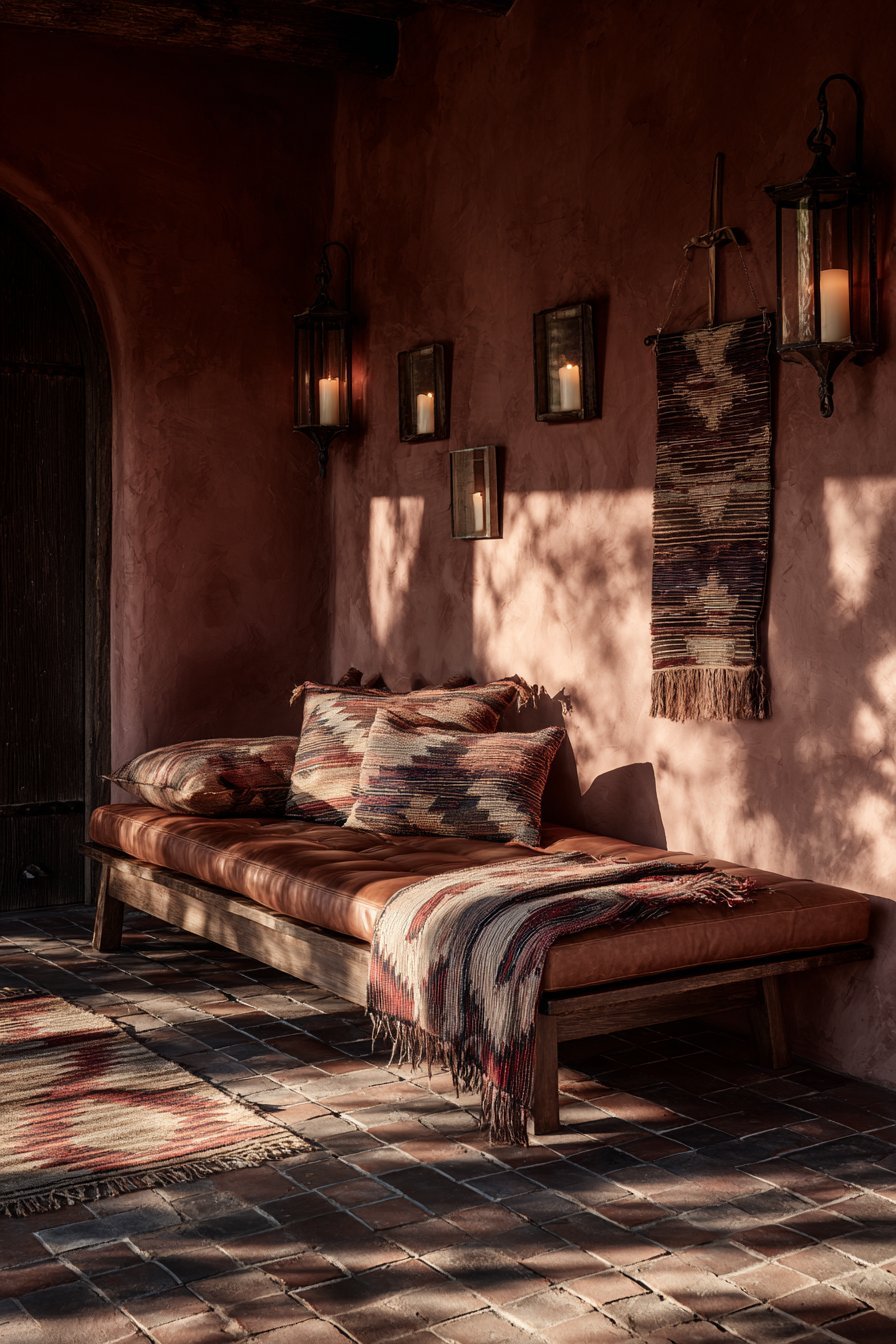 Southwestern living room with woven tapestries, desert landscape photos, saltillo tile and cognac leather sofa