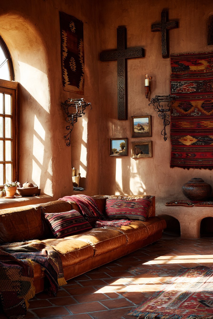 Southwestern living room with woven tapestries, desert landscape photos, saltillo tile and cognac leather sofa