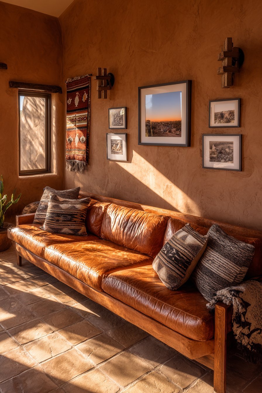 Southwestern living room with woven tapestries, desert landscape photos, saltillo tile and cognac leather sofa
