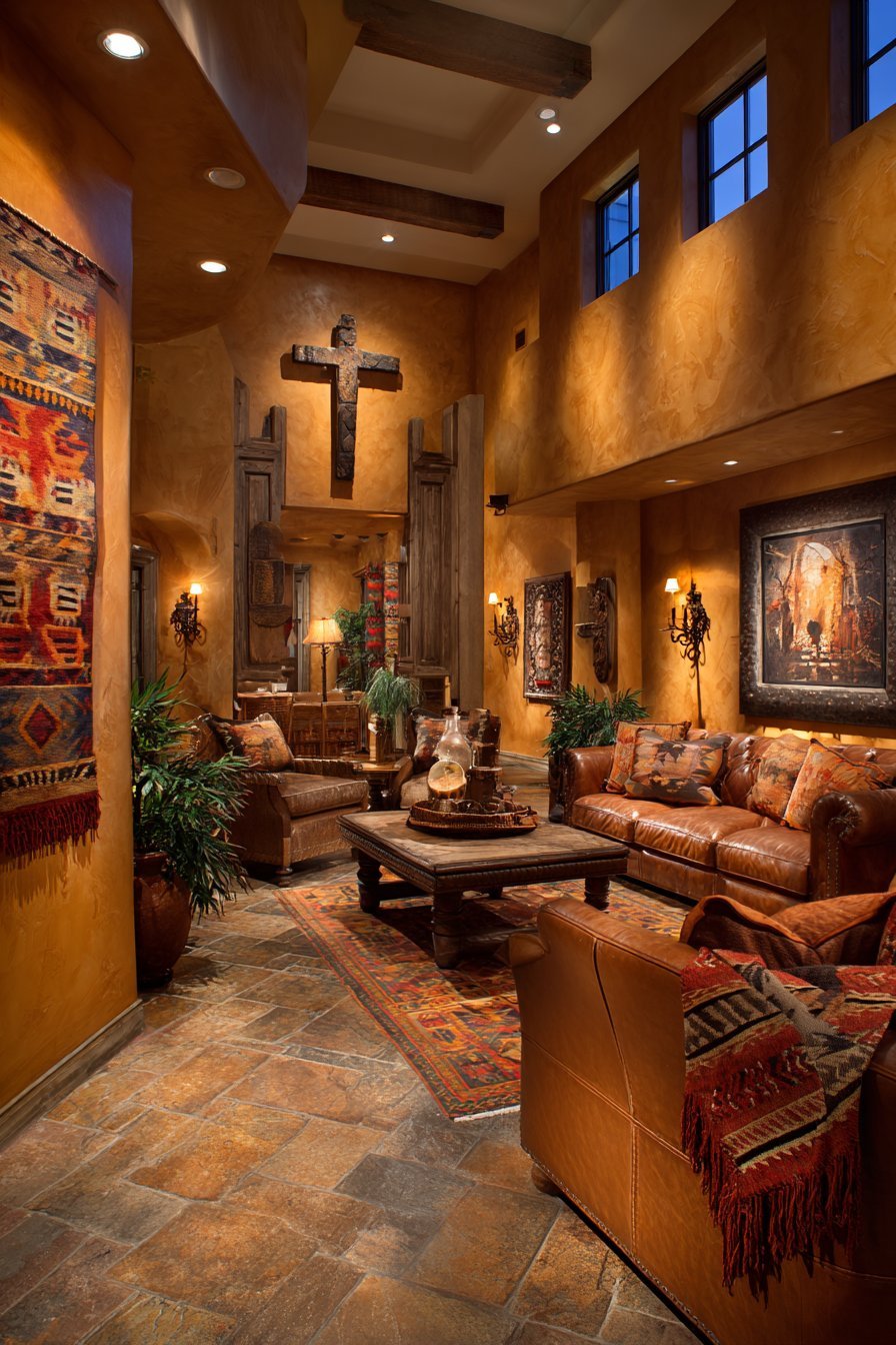 Southwestern living room with woven tapestries, desert landscape photos, saltillo tile and cognac leather sofa
