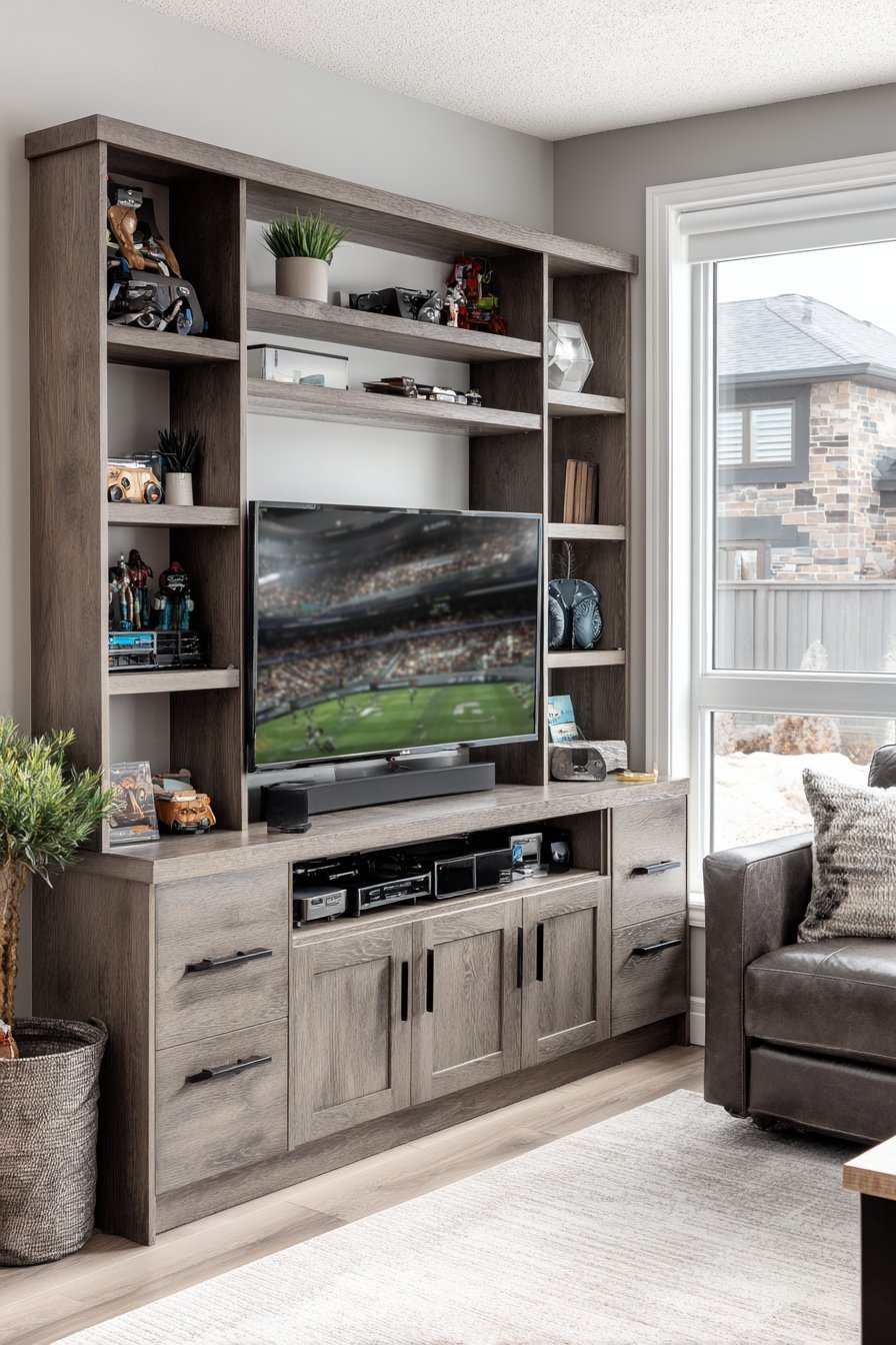 White oak built-in entertainment center with grey-stained shelves, drawers and gaming console compartments