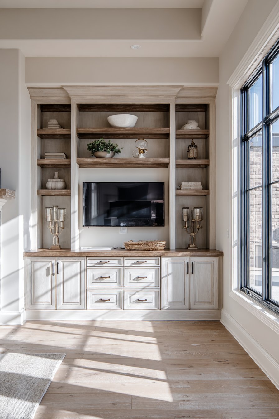 White oak built-in entertainment center with grey-stained shelves, drawers and gaming console compartments