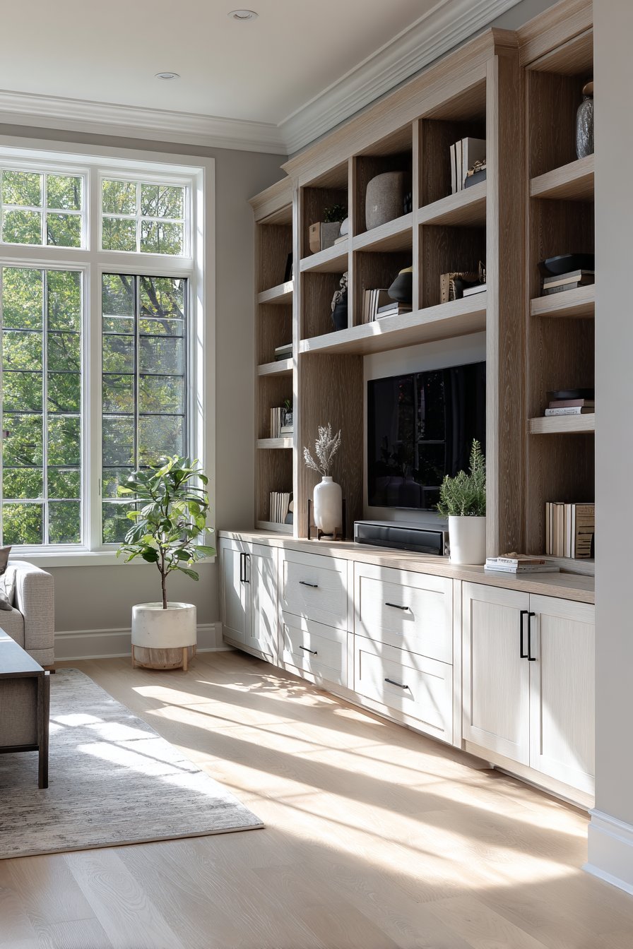 White oak built-in entertainment center with grey-stained shelves, drawers and gaming console compartments