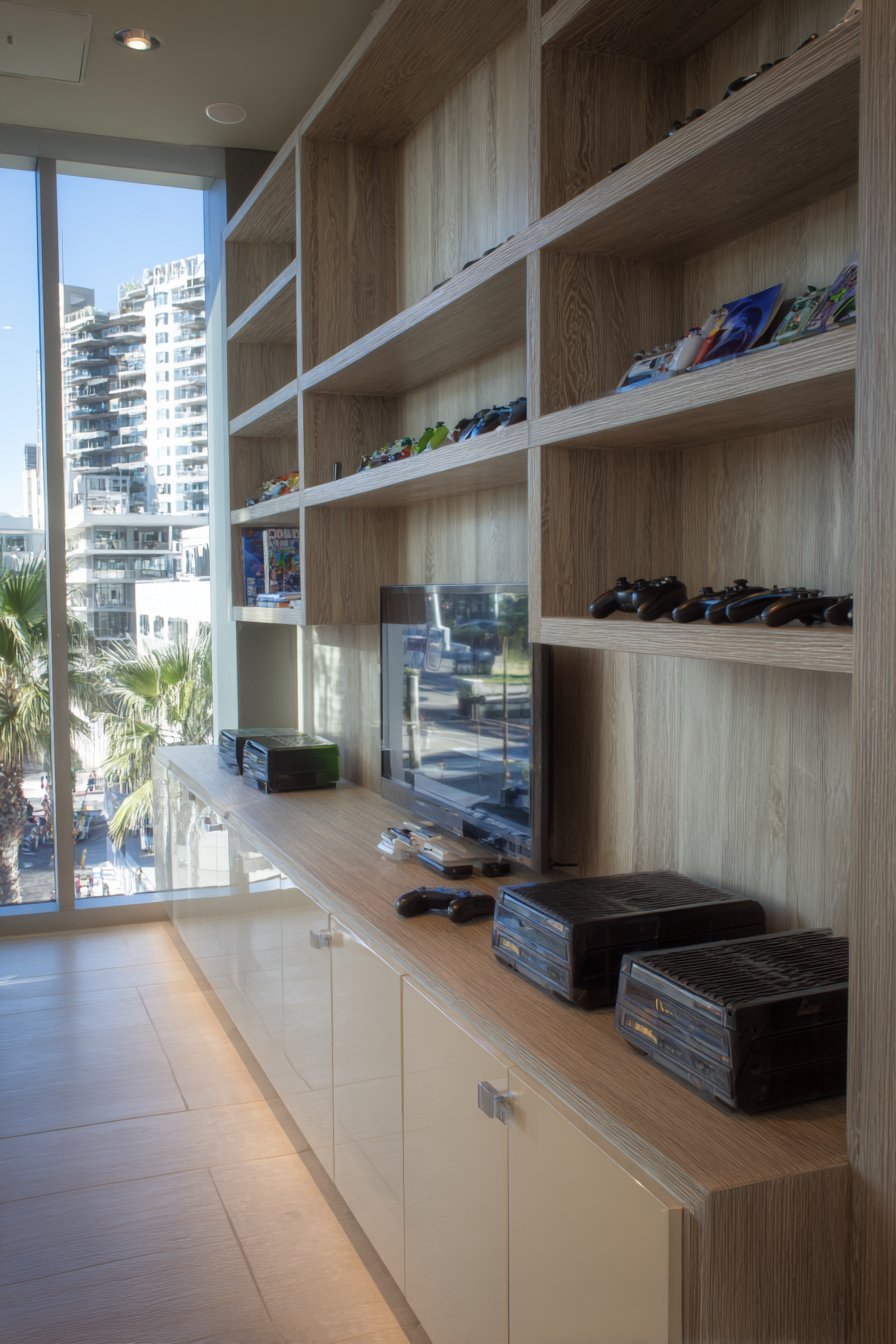 White oak built-in entertainment center with grey-stained shelves, drawers and gaming console compartments