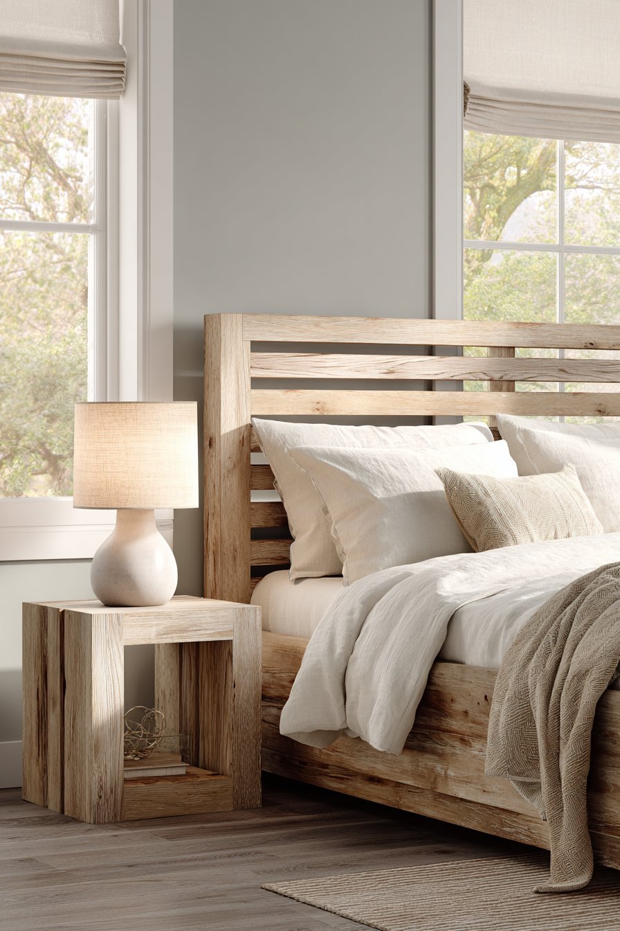 Bleached oak bed with slatted headboard, cube side tables, white ceramic lamps and Roman shade