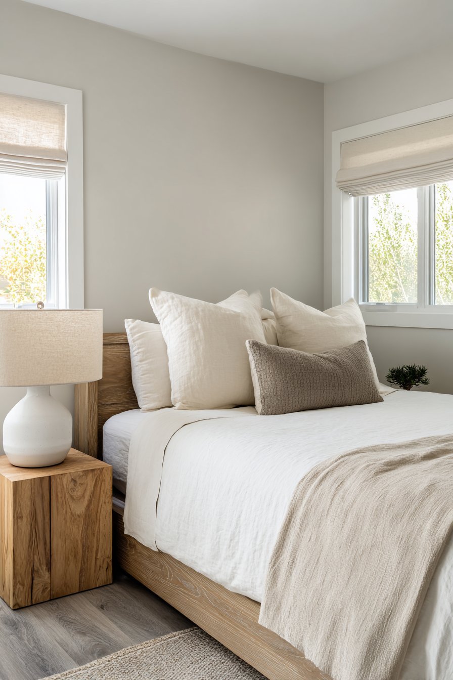 Bleached oak bed with slatted headboard, cube side tables, white ceramic lamps and Roman shade