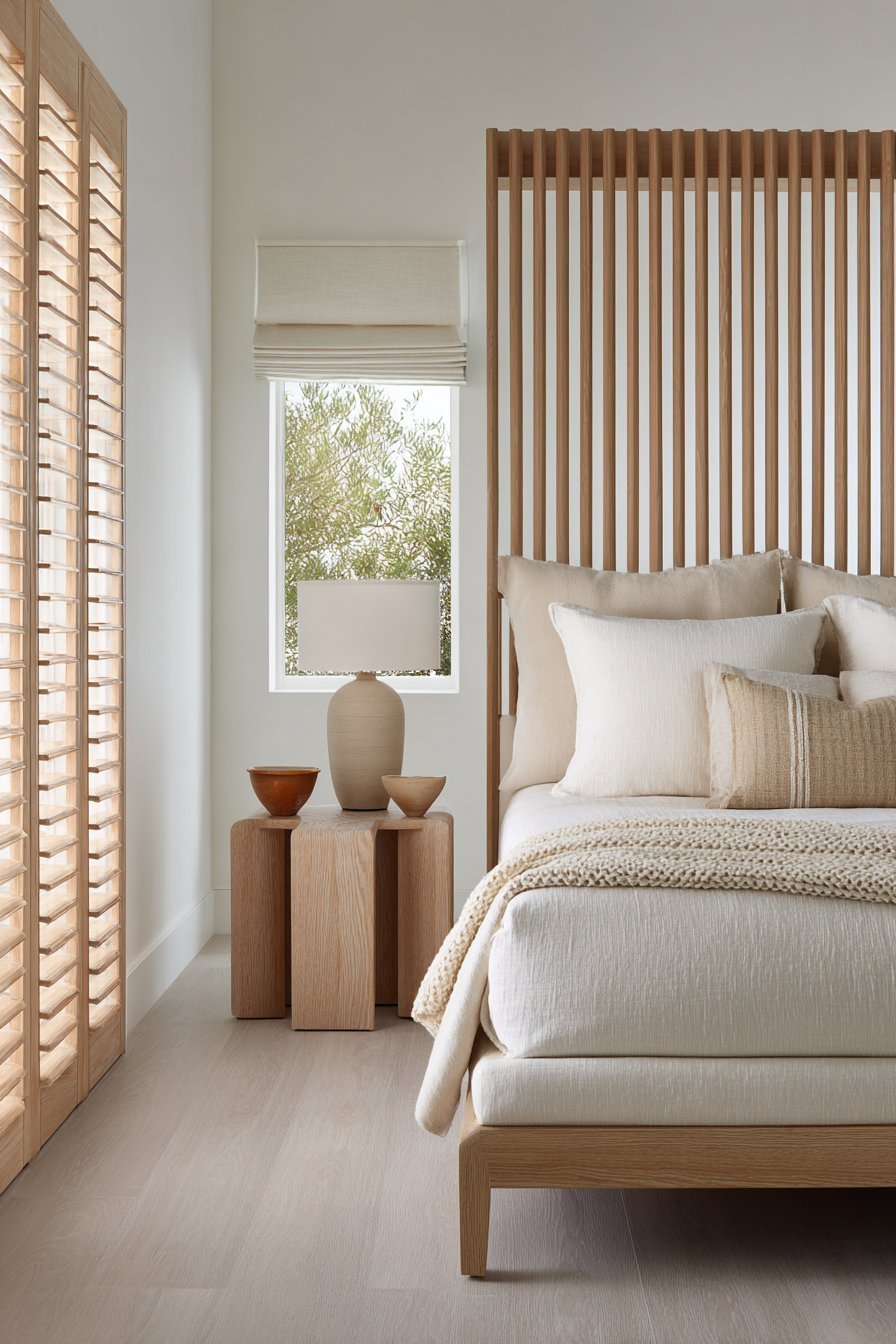 Bleached oak bed with slatted headboard, cube side tables, white ceramic lamps and Roman shade