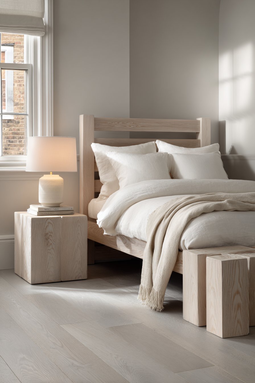 Bleached oak bed with slatted headboard, cube side tables, white ceramic lamps and Roman shade