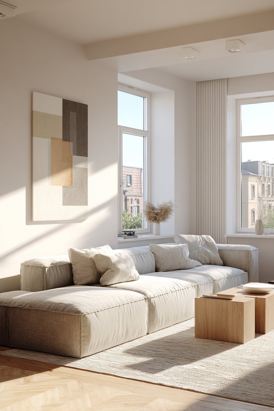 Light grey modular sofa with oak legs, white oak nesting tables and vertical wood paneled wall