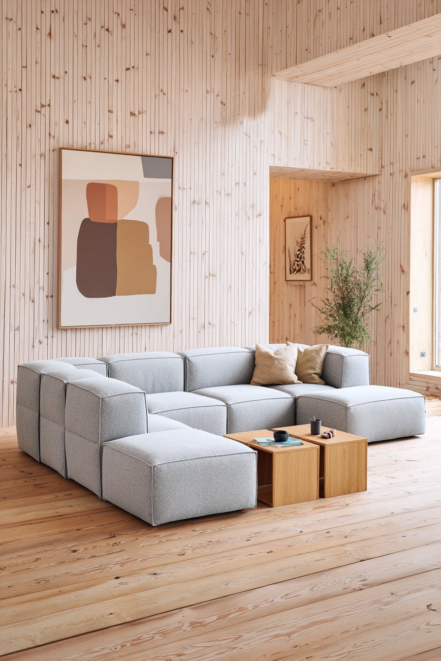 Light grey modular sofa with oak legs, white oak nesting tables and vertical wood paneled wall