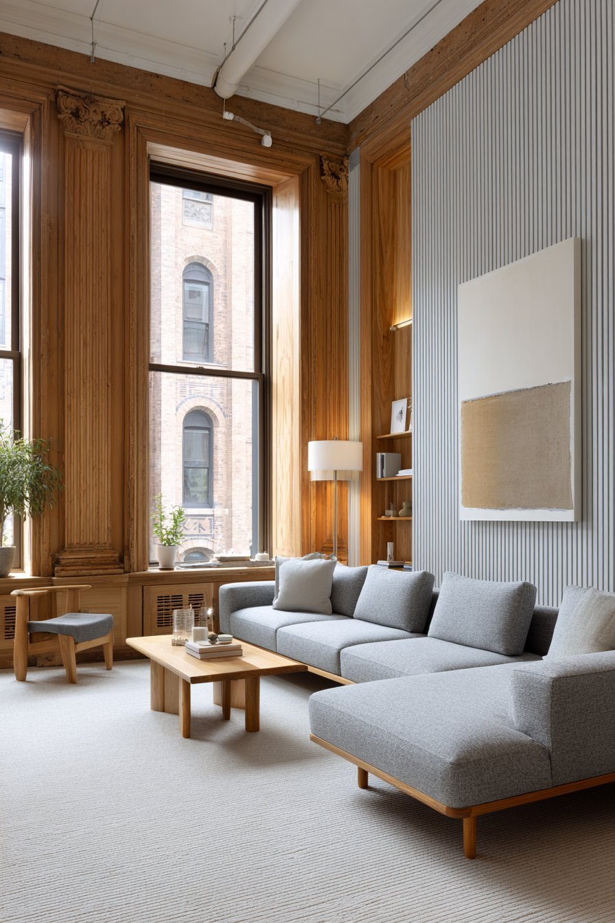 Light grey modular sofa with oak legs, white oak nesting tables and vertical wood paneled wall