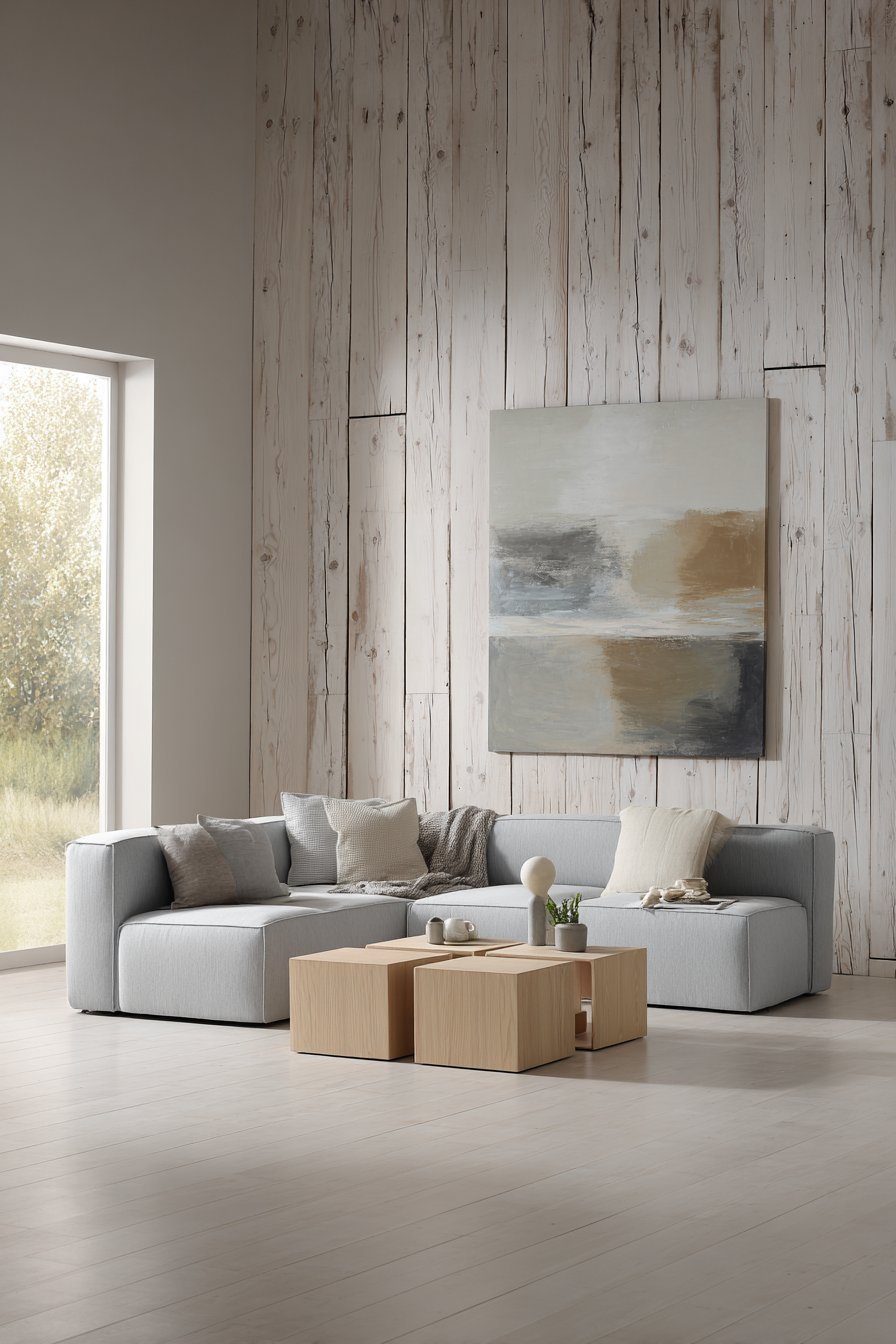 Light grey modular sofa with oak legs, white oak nesting tables and vertical wood paneled wall