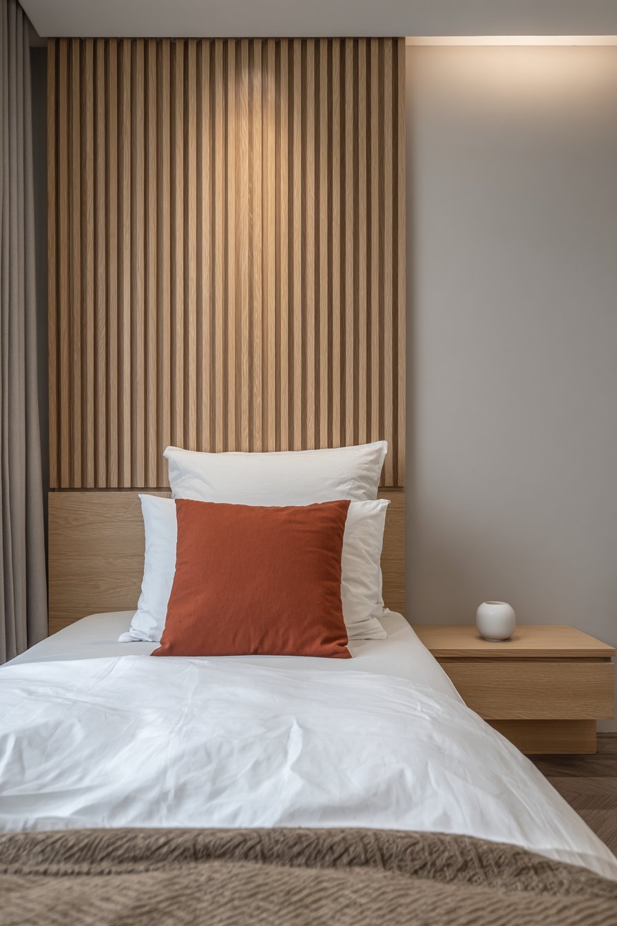 Light oak horizontal slat headboard wall with LED grooves, terracotta pillow and floating oak nightstand