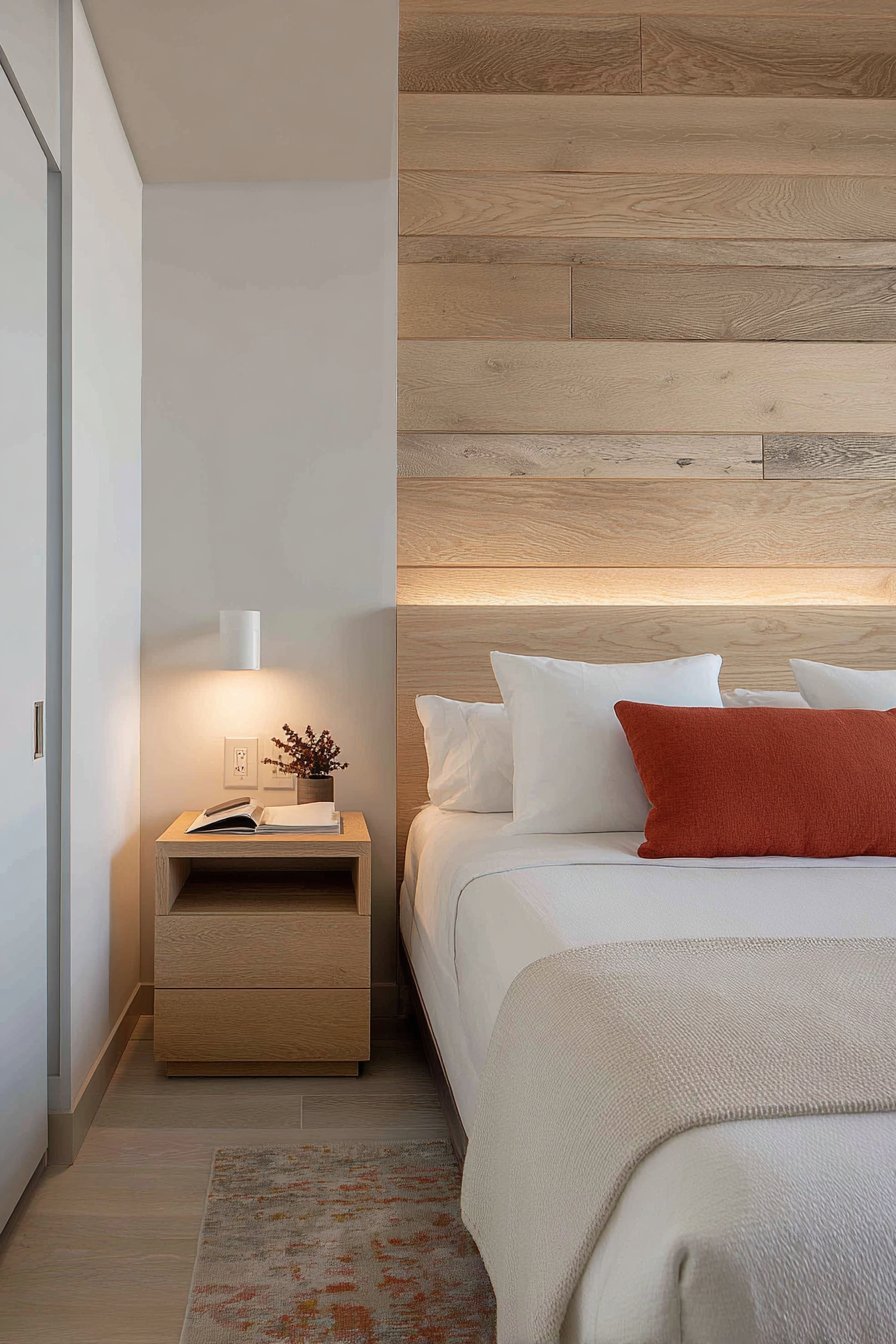 Light oak horizontal slat headboard wall with LED grooves, terracotta pillow and floating oak nightstand