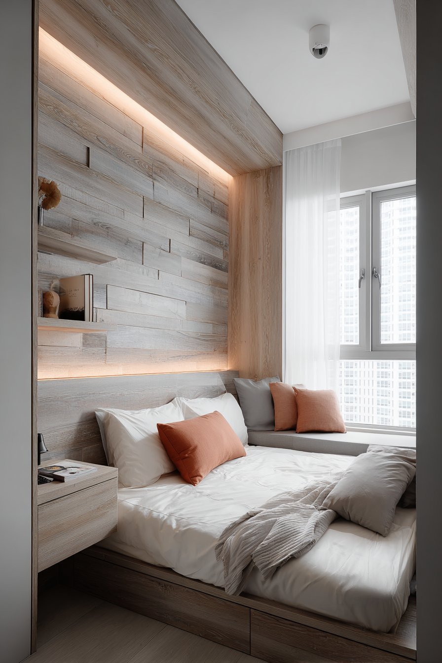 Light oak horizontal slat headboard wall with LED grooves, terracotta pillow and floating oak nightstand